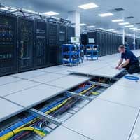 Raised wooden flooring in IT office interior